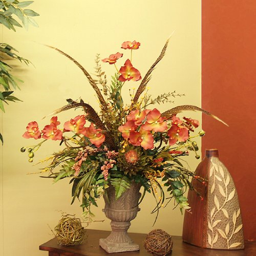Silk Phalaenopsis Orchids and Pheasant Feathers