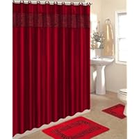 4 Piece Bath Rug Set/ 3 Piece Red Zebra Bathroom Rugs with Fabric Shower Curtain and Matching Rings
