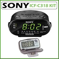 Sony ICF-C318 Automatic Time Set Clock Radio with Dual Alarm in Black with Omron Healthcare Pedometer