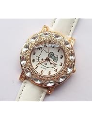 Luxury Rhinestone Hello Kitty Wrist Watch with Faux Leather Band - White