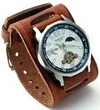 Nemesis #BIN010W Men's Wide Leather Cuff Band Automatic Sun Moon Display Watch
