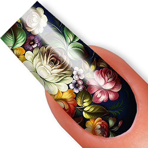 Nailart NAIL TATTOO STICKER - Full-Cover - Zhostovo / Flowers / Blossom - green / red / black