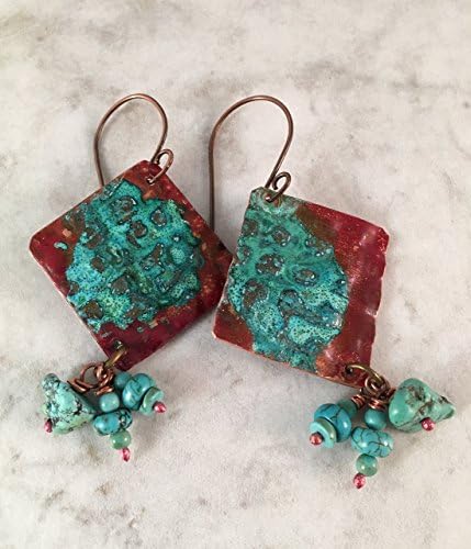 Red and Turquoise Blue Copper Dangle Earrings