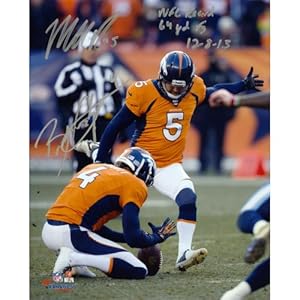 Matt Prater & Britton Colquitt Denver Broncos Autographed 8'' x 10'' Vertical Kick Photograph with NFL Record 64-YD FG 12/8/13 Inscription - Memories - Mounted Memories Certified