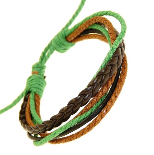Neptune Giftware Mens Dark Brown & Black Leather Strap Surf Wristband Bracelet With Green & Dark Brown Coloured Cord - 77