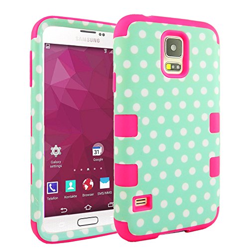 Galaxy S5 Case ,CaseLoca Hybrid Two Layers Soft TPU+Hard PC High Impact Hard Back Case Protective Cover Fit For Samsung Galaxy S5 i9600 (Mint Polka Dots)