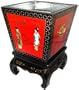Vintage Oriental Red Lacquer Planter with Tin Liner - Soapstone Figures, Hand Painted