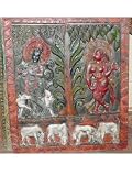 Antique India Carving Colorful Radha Krishna Wall Decorative Panel 36 Inch