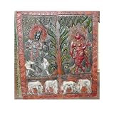 Antique India Carving Colorful Radha Krishna Wall Decorative Panel 36 Inch