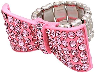 Jewelryfinds Lady Silver Pink Rhinestone Bow Tie Charm Stretch Fashion Ring