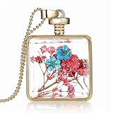 Dry Blue Flowers Herbarium In Transparent Quadrate Box Memory Locket Necklace for women