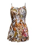 Ladies Brown Multicolor Patterned Tunic Dress Smocking Waist