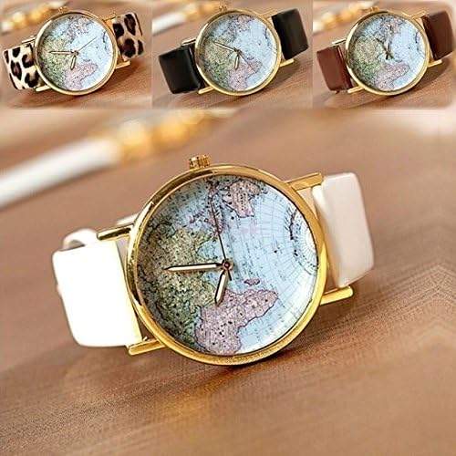 SSCUN Women Retro Casual World Map Globe Leather Alloy Womens Analog Quartz watches White