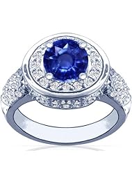 14K White Gold Round Cut Blue Sapphire Ring With Sidestones