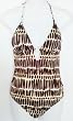 Marsol Junior/Missy 1PC Monokini Swimsuit in Brown Giraffe Foil Print. Sizes 5/6 - 13/14. Padded Sewn-in Cup. Peekaboo front with gold ring.