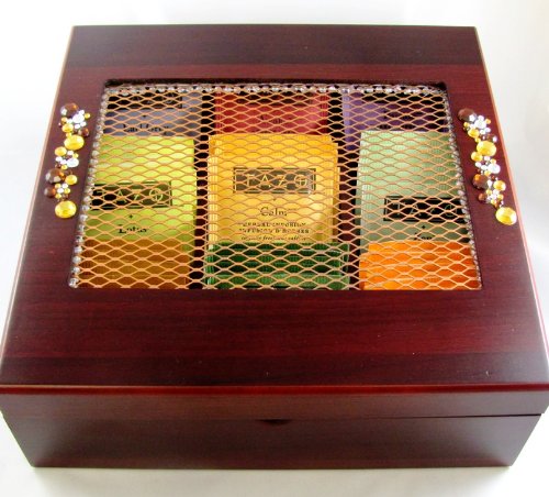 Wooden Tea Box with Crystals and Copper Window includes 100 TAZO Tea Bags in 9 flavors. Hinged, Cherry Finished Wooden Sampler Tea Chest FLAVORS: Wild Sweet Orange, China Green Tips, Organic Chai, Calm Chamomile, Earl Grey Tea, Zen Green Tea, Passion Herbal Decaf, Lotus Decaf Green Tea, Awake! Black Tea