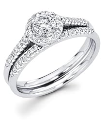 Cheap Size - 4 - 14k White Gold Cirque Halo Solitaire Round Diamond Bridal Engagement Ring Set w Matching Micro Pave Set Wedding Band 46 cttw 1 5 ct Center G-H Color SI1 Clarity Discount