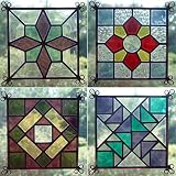 SET OF FOUR Stained ART Glass QUILT BLOCK PATTERN Collectible Panel WINDOWS