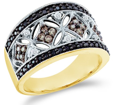 14k Yellow OR White Gold Large Black, Brown Chocolate & White Diamond Round Cut Womens Diamond Wedding Anniversary Fashion Ring Band (1/2 cttw, H Color, I1 Clarity)