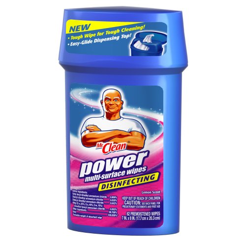 Mr. Clean Power Multi-surface Disinfecting Wipes, Lemon Scent, 62-Count Packages (Pack of 6)