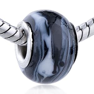 White Black Ripple Stripe Pattern Lampwork Murano Glass European Charm Beads - Pandora Bead & Bracelet Compatible