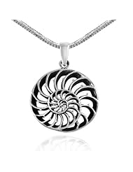 925 Sterling Silver Round Spiral Shell Pendant with Rhodium Plated Chain Necklace w/ Lobster clasp 18"