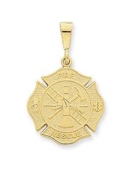 14k Yellow Gold Fire Rescue Emblem Firefighter Pendant