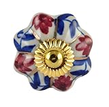 Set of 2 Blue and Red flower hand painted ceramic pumpkin knobs cabinet drawer handles pulls