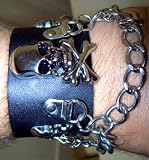 Black Leather Skulls and Chains Bracelet Wristband