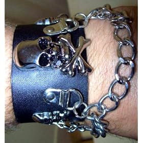 Black Leather Skulls and Chains Bracelet Wristband