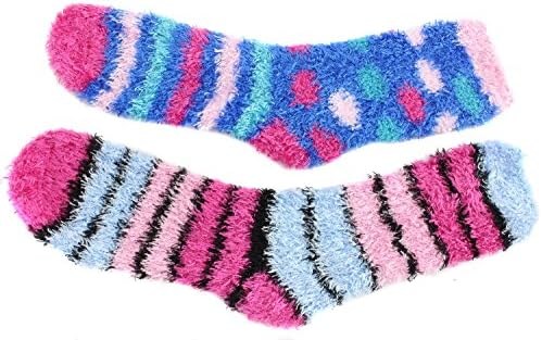 Cathy Rose Women's Cozy Butter Fuzzy Slipper Socks Polka Dots, Stripes (2 Pair Pack) (Blue &amp; Hot Pink)