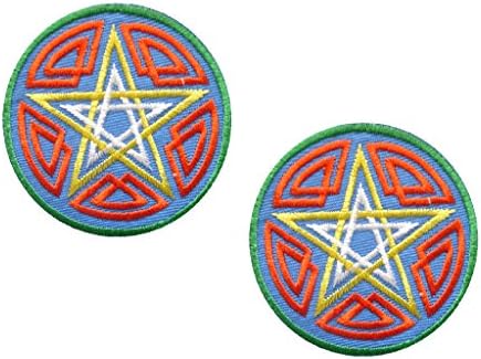 2 pieces PENTAGRAM Iron on Patch Motif Fabric Applique Biker Goth Wicca Pagan Occult Star Decal dia. 2.1 inches (5.5 cm)