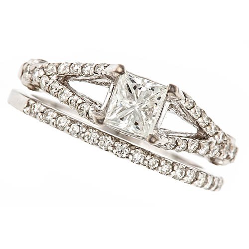14k White Gold Princess Cut Diamond Engagement Ring and Wedding Band Bridal Set Certified $6,000 Value (1 1/3 Cttw, Si-1 Clarity, F Color)