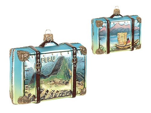 Machu Picchu Peru Travel Suitcase Polish Mouth Blown Glass Christmas Ornament