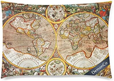 DemonCo(TM) Vintage Retro 17th Century World Map Pillowcase Throw Pillow Case Cushion Cover Shams 20 x 30 Inches Two Sides, Map Of The World With Old Mythical Painting Decorative Bedroom Home Decor