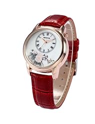 Fashion Mother of Pearl Dial Peony Pattern Red Leather Quartz Lady Women Girl Wrist Watch WK1168