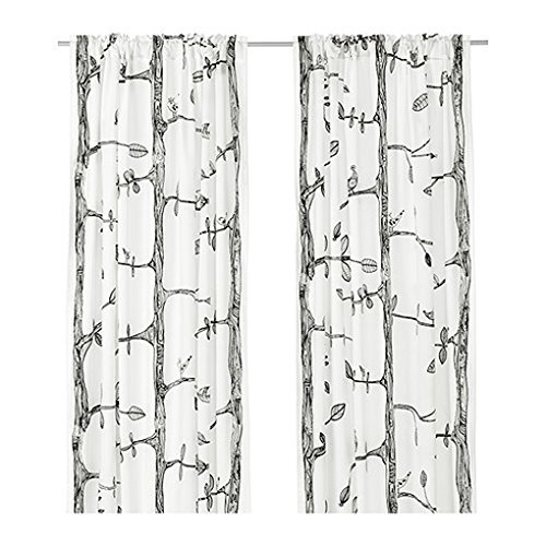Ikea Tree and Bird Pattern Thin Curtains, 1 Pair, White/black