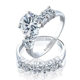 Bling Jewelry 925 Sterling Silver Round CZ Diamond Engagement Wedding Ring Set size 5 (more sizes)