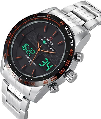 GuTe Fashion Silver Steel Digital Wrist Watch Dual-time Orange Black Military Style