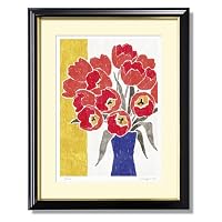 《版画》青の花瓶と赤いチューリップ 大衣(509×394mm)
