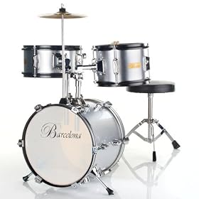 Barcelona Three-Piece 12-Inch Kid's Drum Set with Seat, Cymbal, and Sticks - Silver