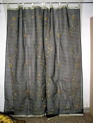 2 Organza Black Gold Floral Motif Embroidered Sheer Curtains Panel Window Treatment 92" Tabs