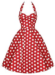 Polka Dot Print Knee Length Halter Sleeveless Vintage Cotton/Elastane Party Dress 