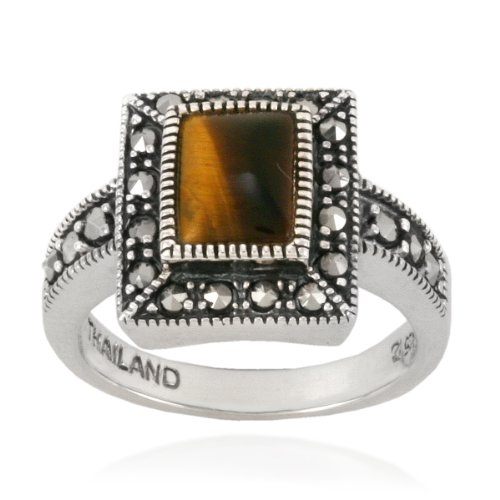 Sterling Silver Marcasite and Tiger Eye Rectangular Ring, Size 8