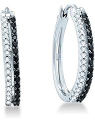 14k White Gold Round Black and White Diamond Two Row Classic Hoop Huggie Earrings (1/2 cttw)