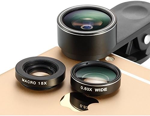 AMOITEC Magnetic Fisheye Camera Lens 3 in 1 Kit 198 Degree Clip On Fisheye Lens,15x Macro Lens 0.63x Wide Angle Lens for Iphone, Camera, Laptops, Ipads