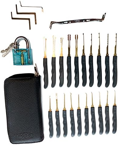 25 Piece Premium Practice Lock Pick Set with Transparent Padlock by Lock Breacher