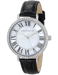 Anne Klein Womens AK/1617MPBK Swarovski Crystal Accented Silver-Tone Black Leather Strap Watch