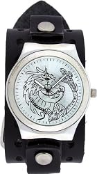 Dragon Black Sihouette Trendy Design Round Steel Case Punk Biker Wide Black Leather Band Wrist Watch