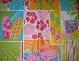 Bright Colored Tropical Vinyl Tablecloth with Flipflops, Sand Bucket, Flamingo (Round)
